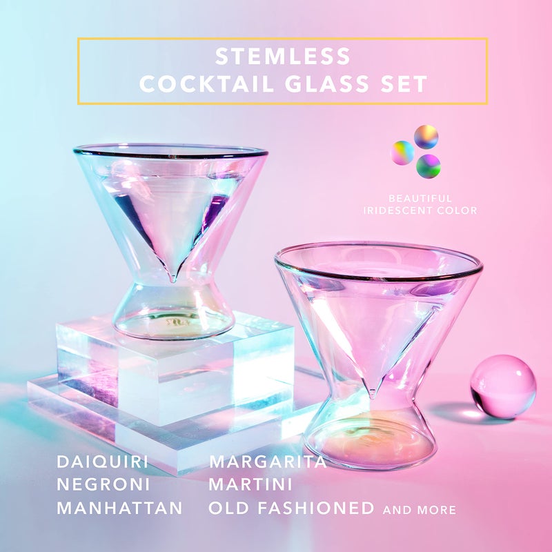 Dragon Glassware Dragon Glassware Stemless Martini Glasses - 7 oz Iridescent Set of 2 - Double Wall Insulated Cocktail Glass Set - Unique and Fun Gift for Espresso Martini Lovers  - Image 2