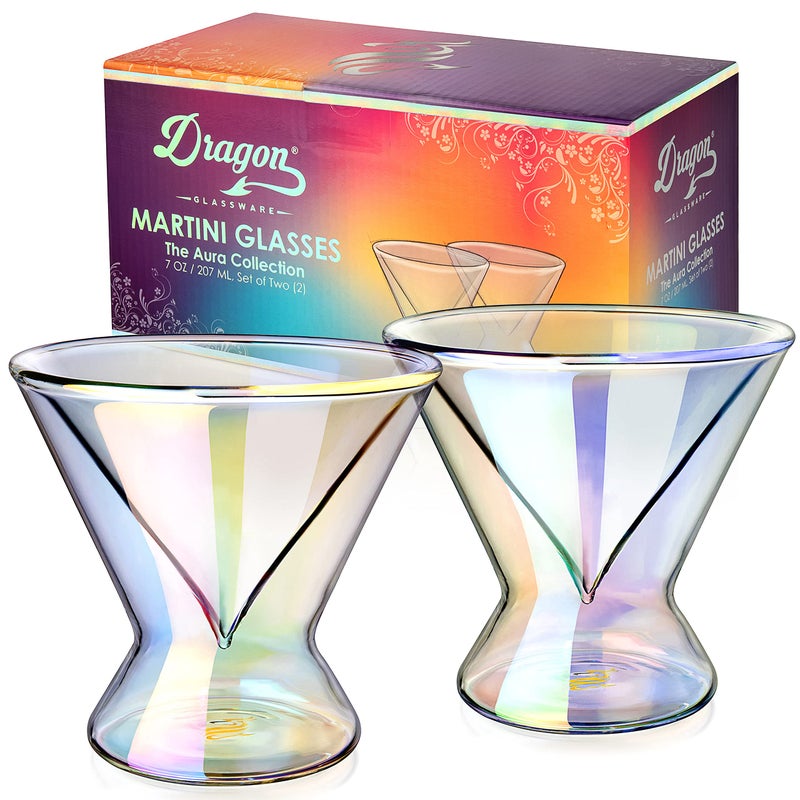 Dragon Glassware Dragon Glassware Stemless Martini Glasses - 7 oz Iridescent Set of 2 - Double Wall Insulated Cocktail Glass Set - Unique and Fun Gift for Espresso Martini Lovers  - Image 1