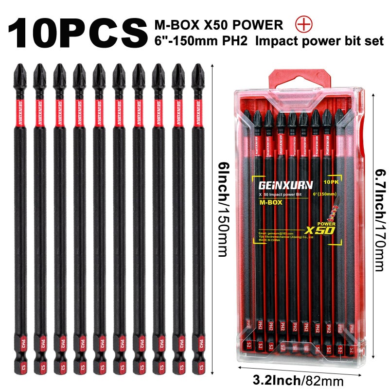 Geinxurn Impact Tough 6 in. #2 Phillips Screwdriver Bits Set,10 Pack Magnetic S2 Steel PH2 Long Power Driver Bits with Storage M-Box - Image 2