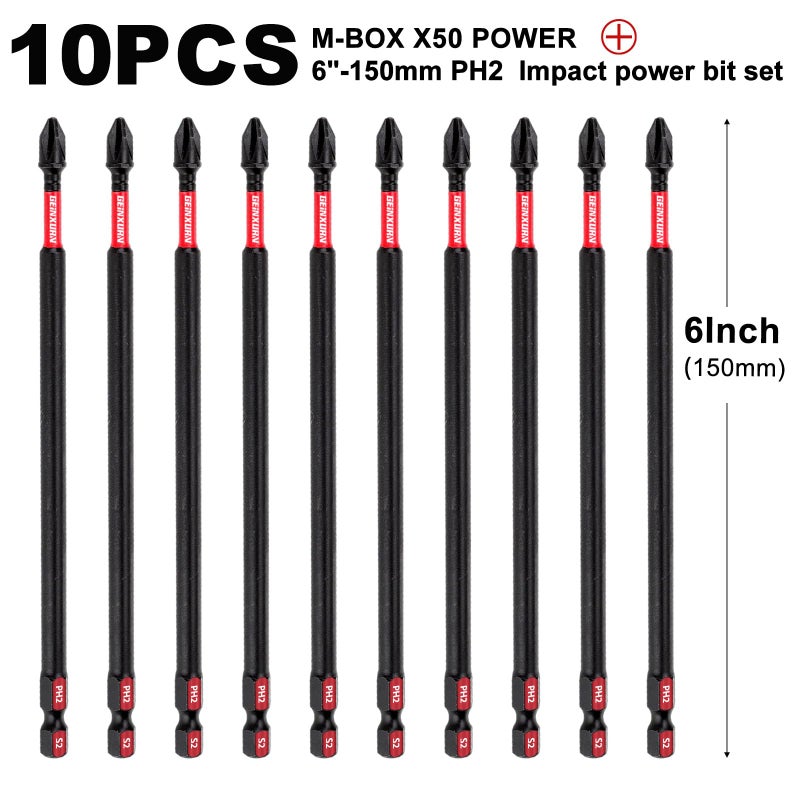 Geinxurn Impact Tough 6 in. #2 Phillips Screwdriver Bits Set,10 Pack Magnetic S2 Steel PH2 Long Power Driver Bits with Storage M-Box - Image 3