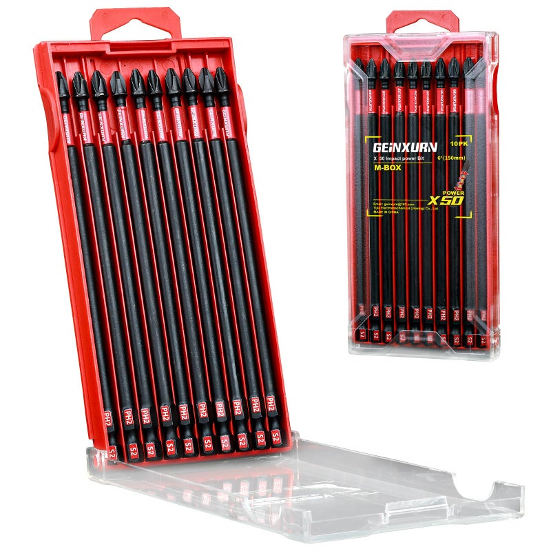 Geinxurn Impact Tough 6 in. #2 Phillips Screwdriver Bits Set,10 Pack Magnetic S2 Steel PH2 Long Power Driver Bits with Storage M-Box - Image 1