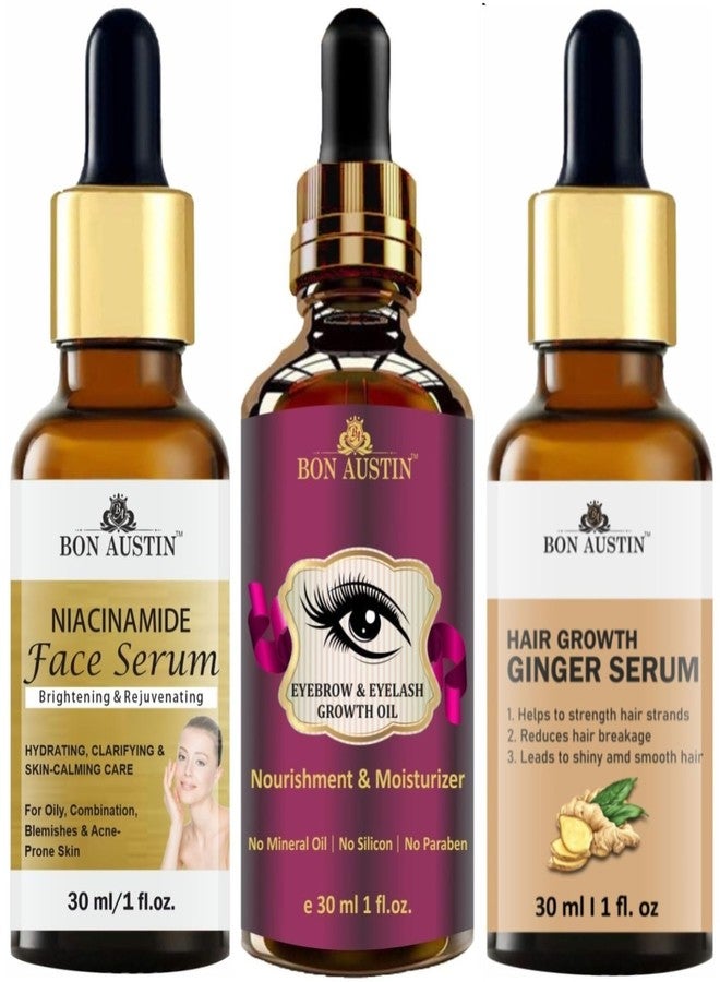 Bon Austin Niacinamide Face Brightening Serum, Eyebrow and Eyelash Growth Oil (Helps to Growth Eyebrows & Eyelash) & Hair Growth Ginger Serum (Reduce Hair Fall) Each, 30ml - Combo of 3 Items - Image 1