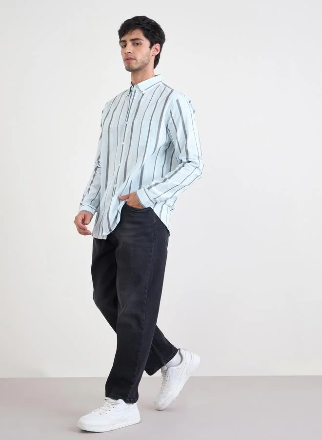 Styli Men Light Blue Striped Long Sleeve Shirt