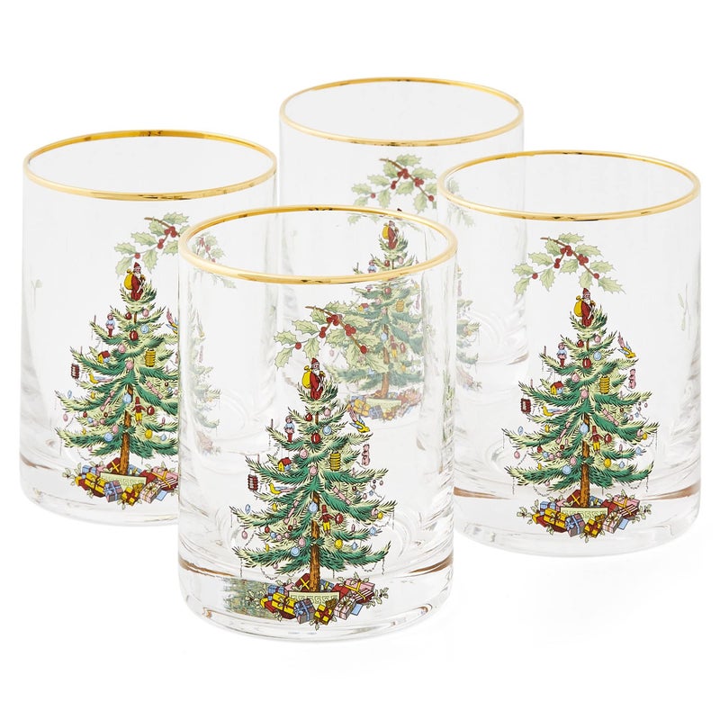Spode Christmas Tree 14oz Double Old Fashioned Glasses Set of 4  Festive Holiday Drinkware with Rustic Christmas Design Excellent for Whiskey at Holiday Gatherings and Cozy Celebrations