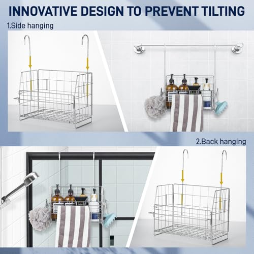 SUTINE Hanging Shower Organizer, Shower Caddy Hanging, Bathroom Storage Rack with Hooks Over the Door, Stainless Steel Rustproof Bathroom Basket Shelf for Bath Faucet or Cross Bar - Image 4