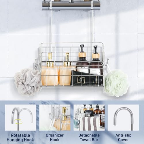 SUTINE Hanging Shower Organizer, Shower Caddy Hanging, Bathroom Storage Rack with Hooks Over the Door, Stainless Steel Rustproof Bathroom Basket Shelf for Bath Faucet or Cross Bar - Image 3