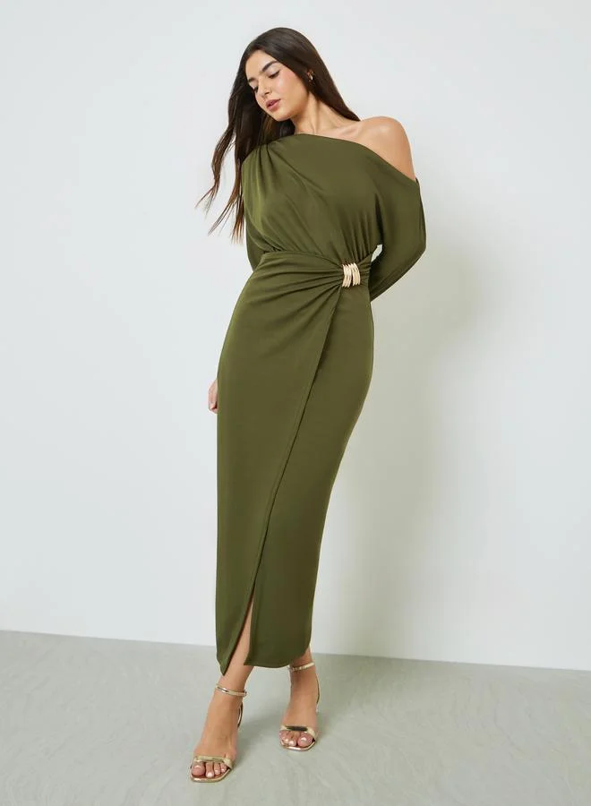 تايك تو Green One Shoulder Wrap Front Midi Dress