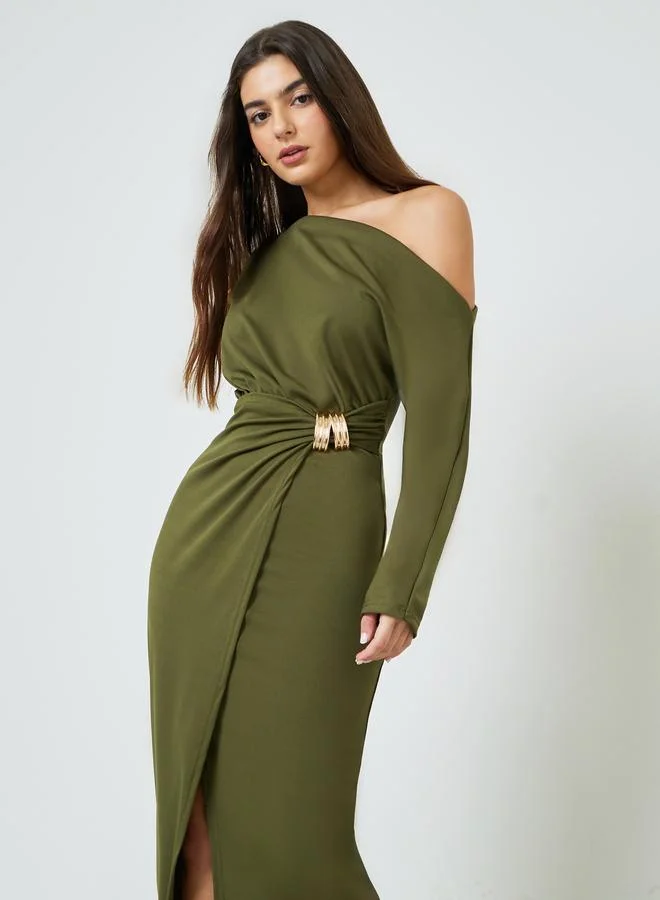تايك تو Green One Shoulder Wrap Front Midi Dress