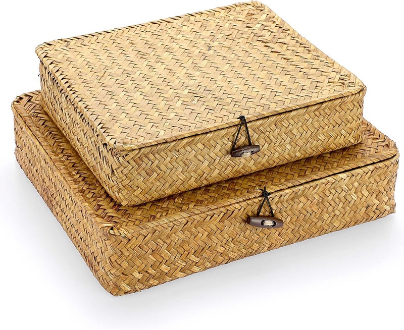 Hipiwe Set of 2 Flat Woven Wicker Storage Bins with Lid Natural Seagrass Basket Boxes Multipurpose Home Organizer Bins Boxes for Shelf Organizer, Caramel - Image 1