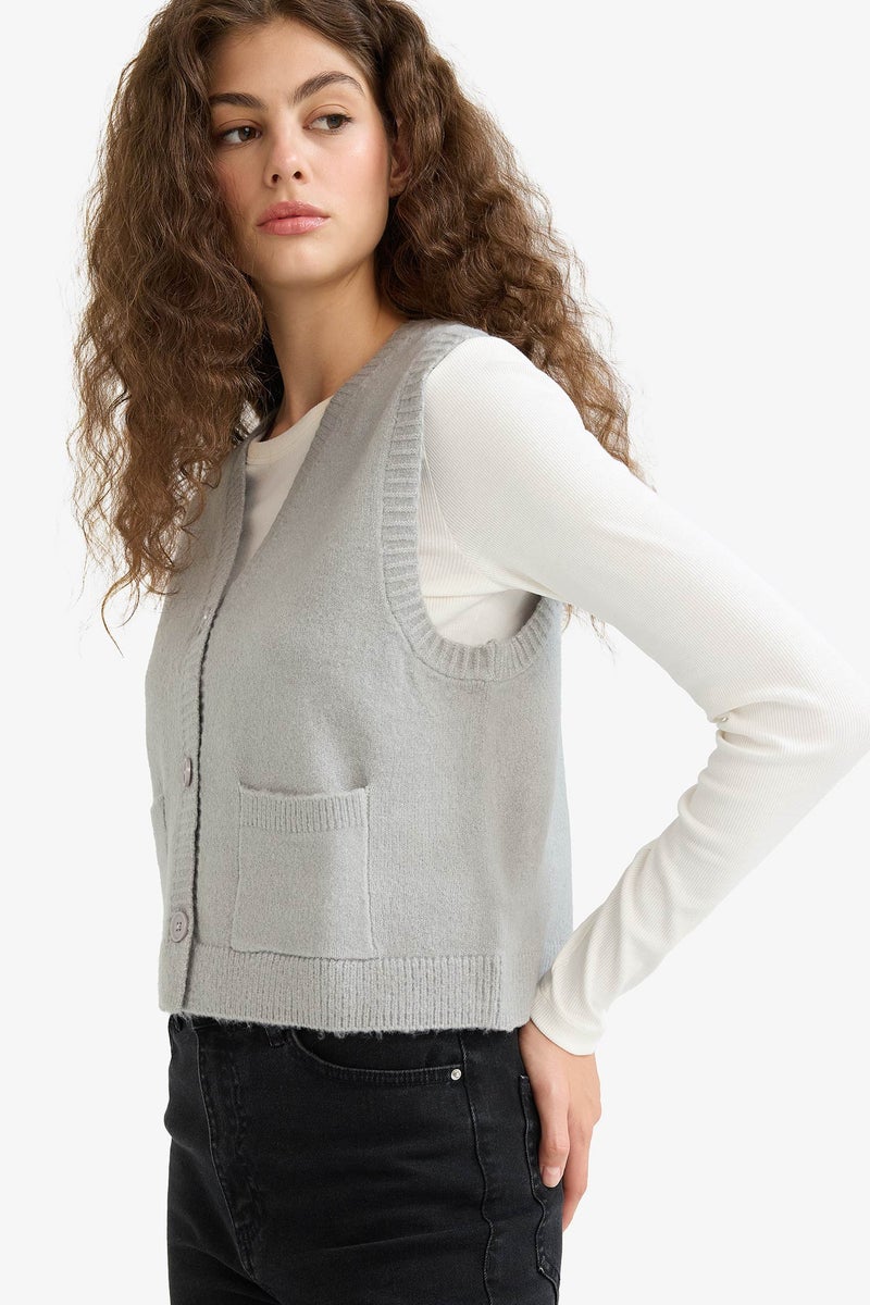 DeFacto Grey Woman Regular Fit V-Neck Vest Casual - Image 5