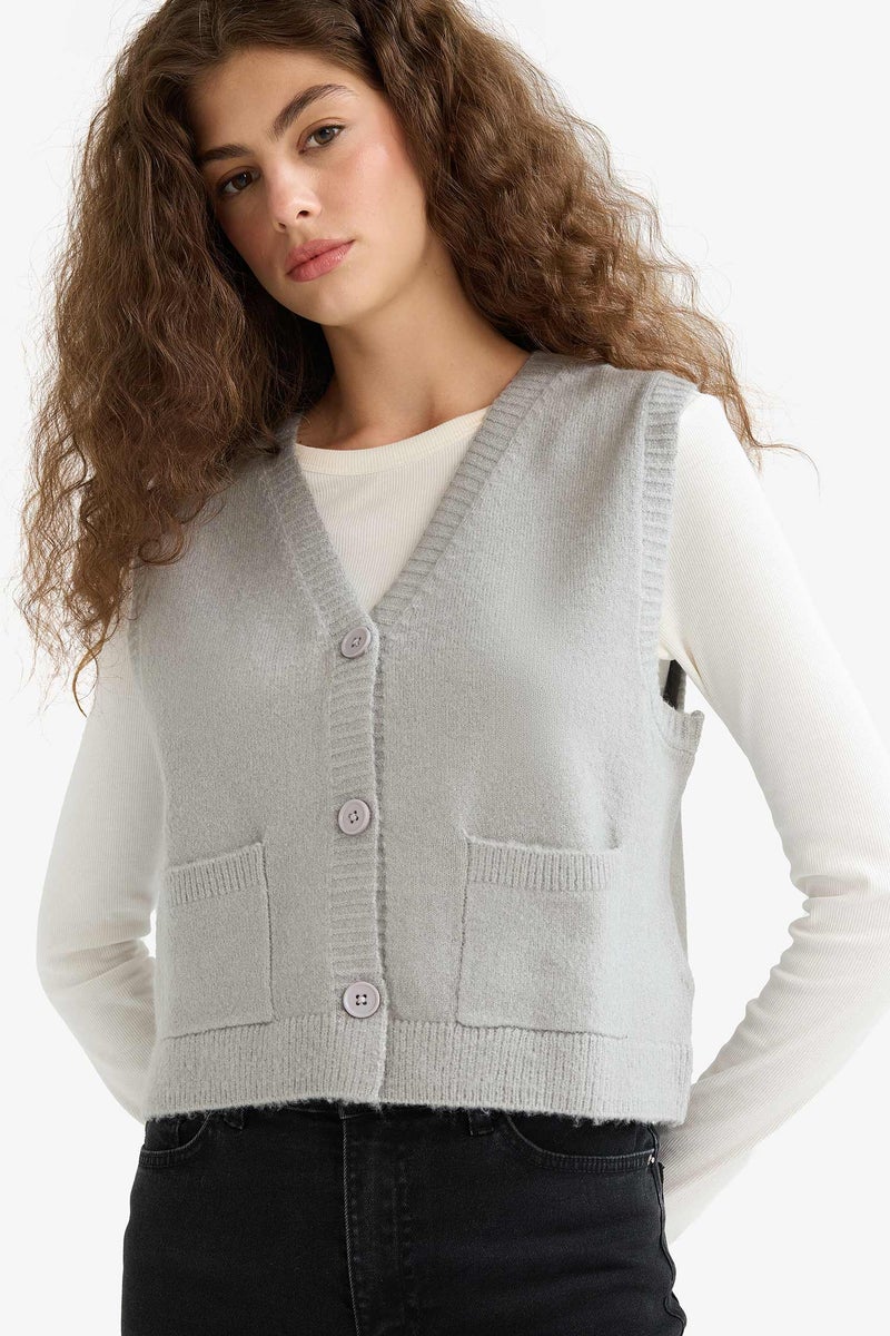 DeFacto Grey Woman Regular Fit V-Neck Vest Casual - Image 1