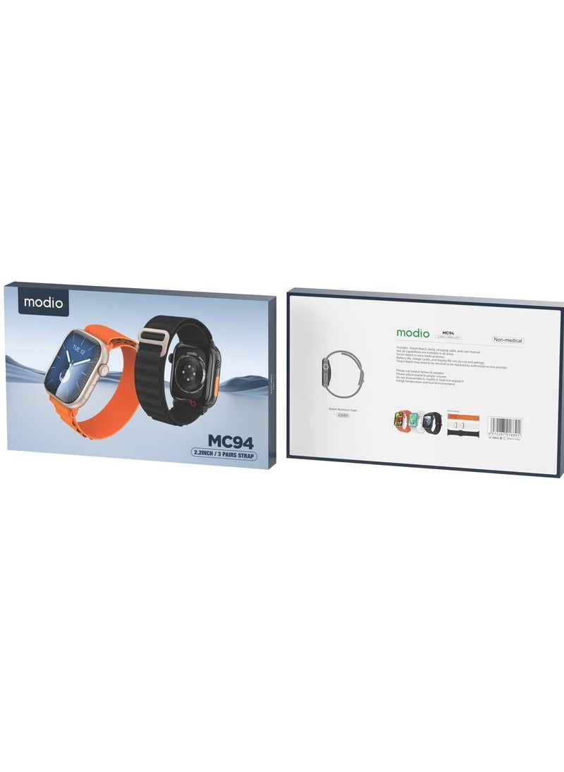 modio - Modio MC94 2.2 inch smart watch with 3 different types of pair straps Black colour - Image 1