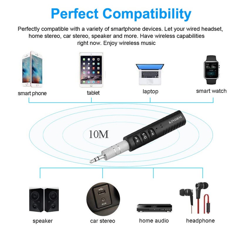 KINDRM Bluetooth Audio Adapter, Portable Noise Cancelling Bluetooth 5.0 Stereo Receiver, Mini 3.5mm Wireless Aux Adapter for Wired Headphones Car/Home Stereo System, Hands-Free Calling & Music Playing - Image 3