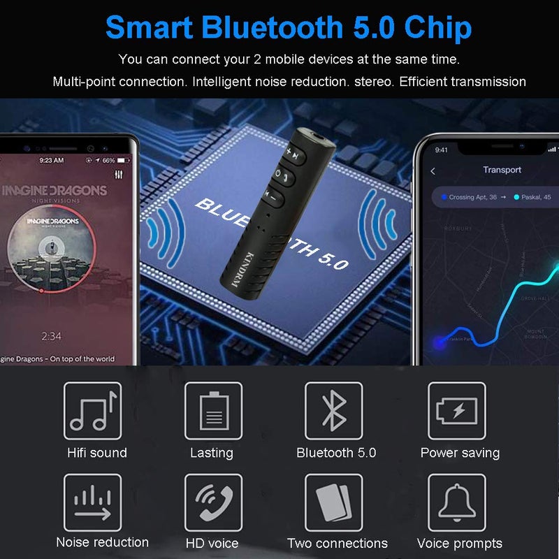 KINDRM Bluetooth Audio Adapter, Portable Noise Cancelling Bluetooth 5.0 Stereo Receiver, Mini 3.5mm Wireless Aux Adapter for Wired Headphones Car/Home Stereo System, Hands-Free Calling & Music Playing - Image 2