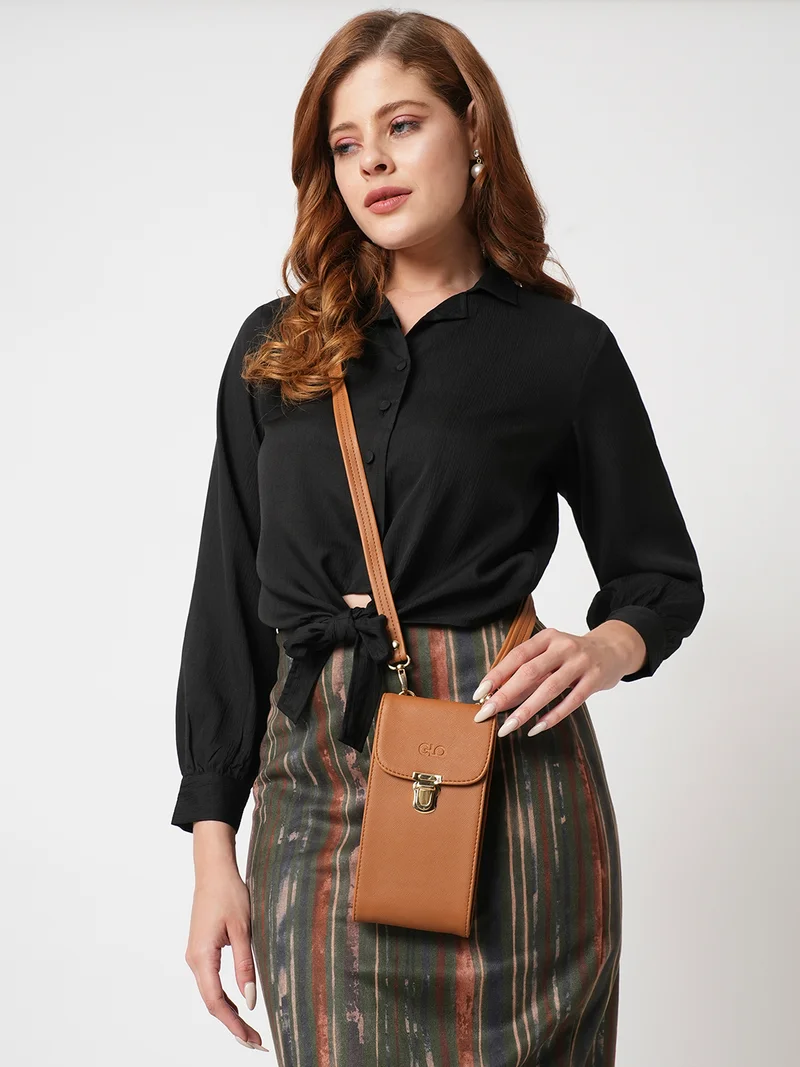 Globus Women Tan Vegan Leather Textured Sling Bag With Detachable Strap