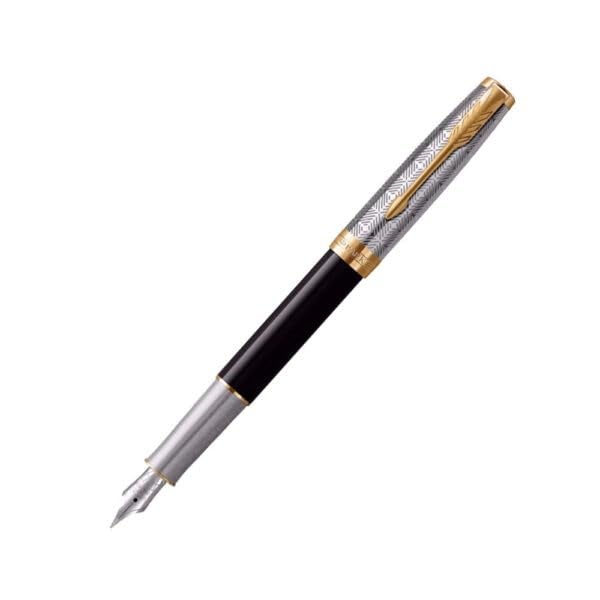 PARKER باركر سونيت ميتال & بلاك لاكيه جولد تريم فنّان قلم حبر – 18Kt جولد روديوم-مطلي نيب فاين - Image 1