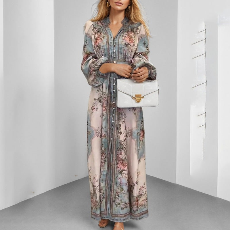 2026 Autumn Women's Vintage V-Neck Long Sleeve Floral Print A-Line Dress - Image 2