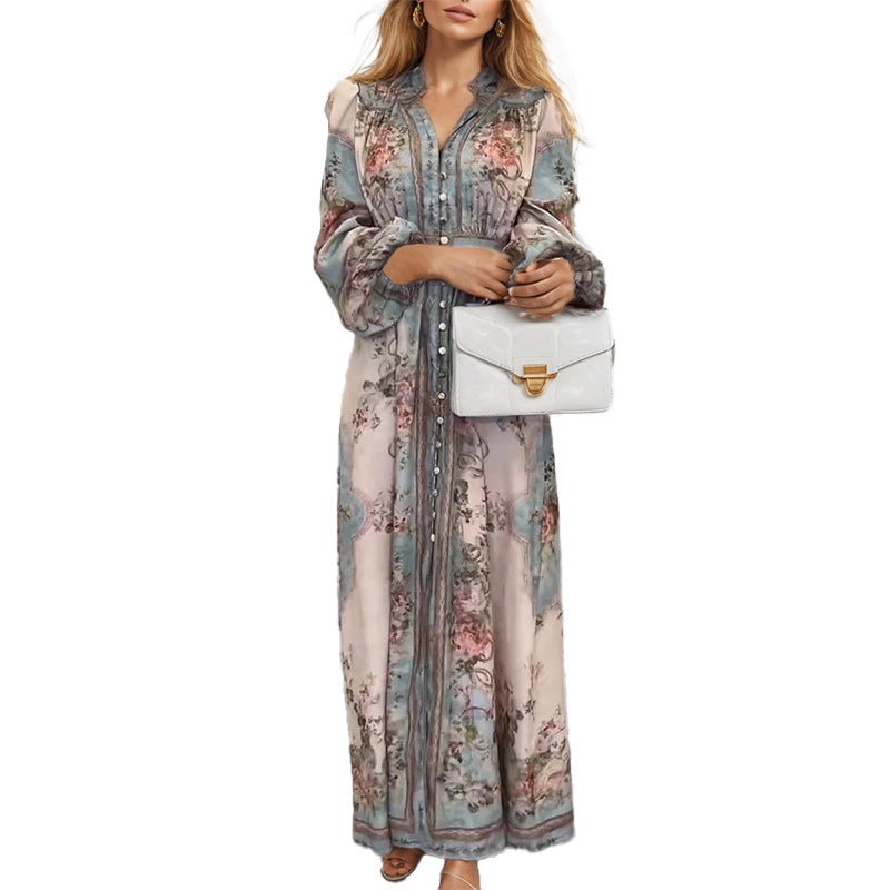 2026 Autumn Women's Vintage V-Neck Long Sleeve Floral Print A-Line Dress - Image 5