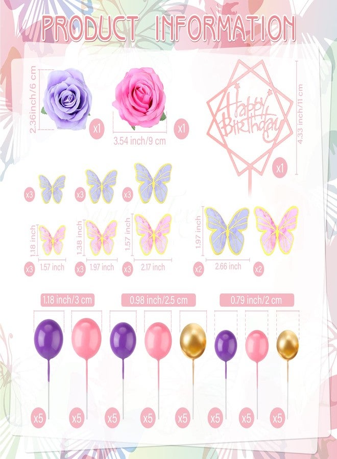 Berlune 65 Pcs Mini Balloon Cake Toppers Pink Purple Cake Balls Decorations Flowers Butterflies Happy Birthday Decorations for Baby Shower Birthday Party Supplies - Image 2