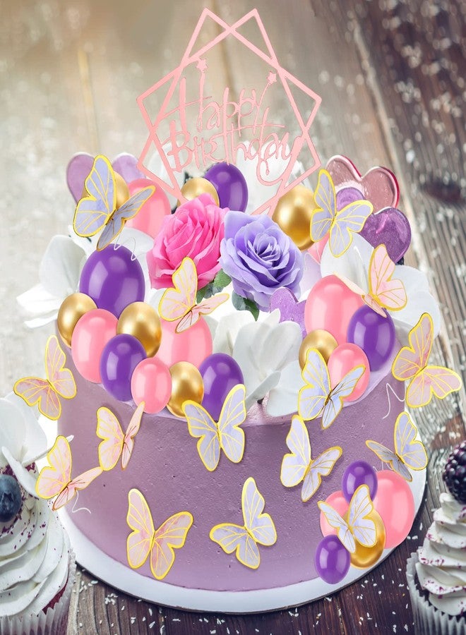 Berlune 65 Pcs Mini Balloon Cake Toppers Pink Purple Cake Balls Decorations Flowers Butterflies Happy Birthday Decorations for Baby Shower Birthday Party Supplies - Image 3