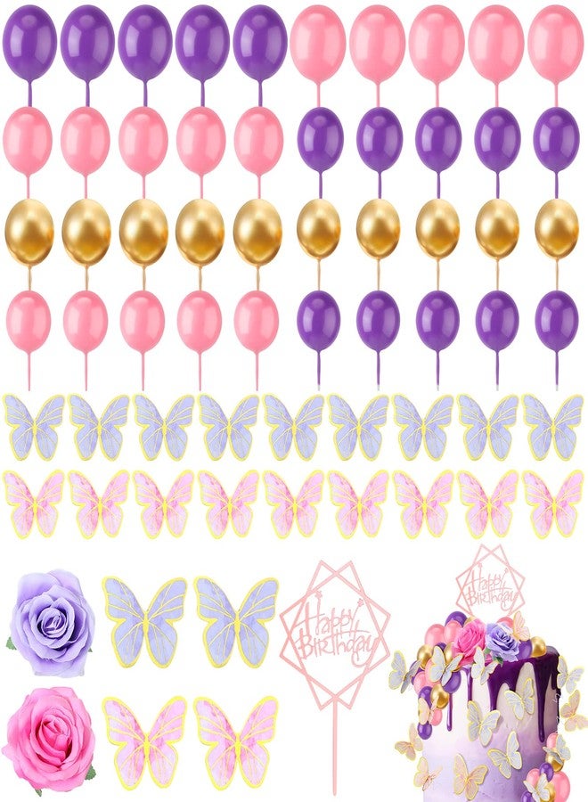 Berlune 65 Pcs Mini Balloon Cake Toppers Pink Purple Cake Balls Decorations Flowers Butterflies Happy Birthday Decorations for Baby Shower Birthday Party Supplies - Image 1