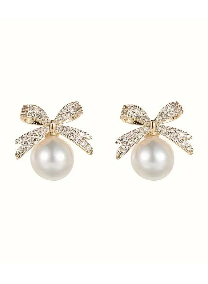 Home Clearance Sale Chic Vintage Style Bow And Faux Pearl Stud Earrings with Sparkling Rhinestones - Perfect for Parties And Festivals - Image 1