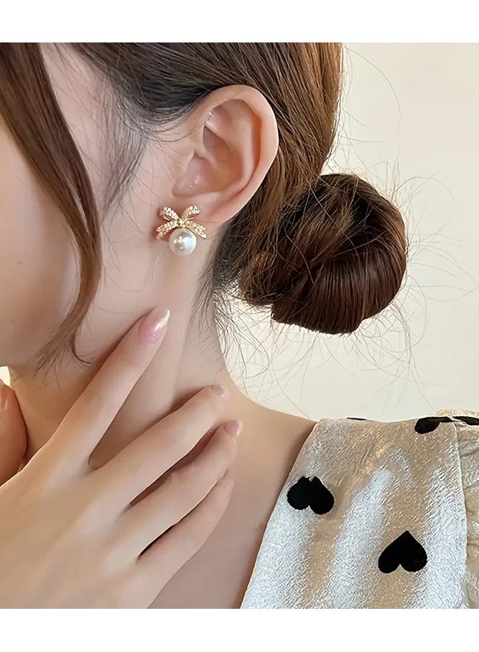 Home Clearance Sale Chic Vintage Style Bow And Faux Pearl Stud Earrings with Sparkling Rhinestones - Perfect for Parties And Festivals - Image 2