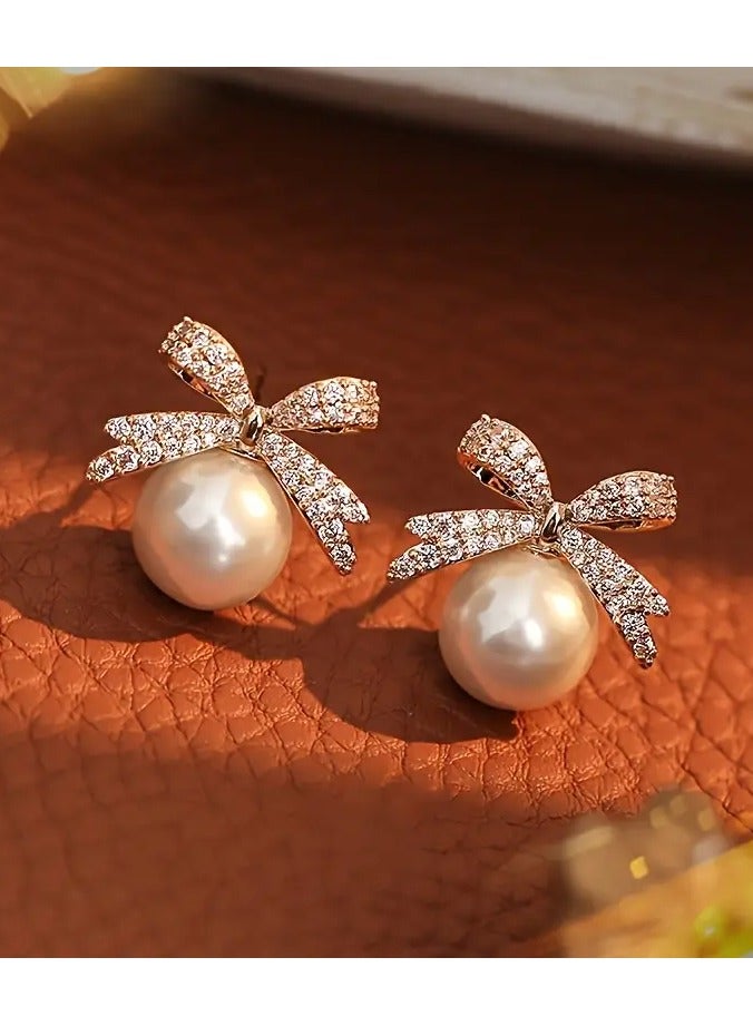 Home Clearance Sale Chic Vintage Style Bow And Faux Pearl Stud Earrings with Sparkling Rhinestones - Perfect for Parties And Festivals - Image 3