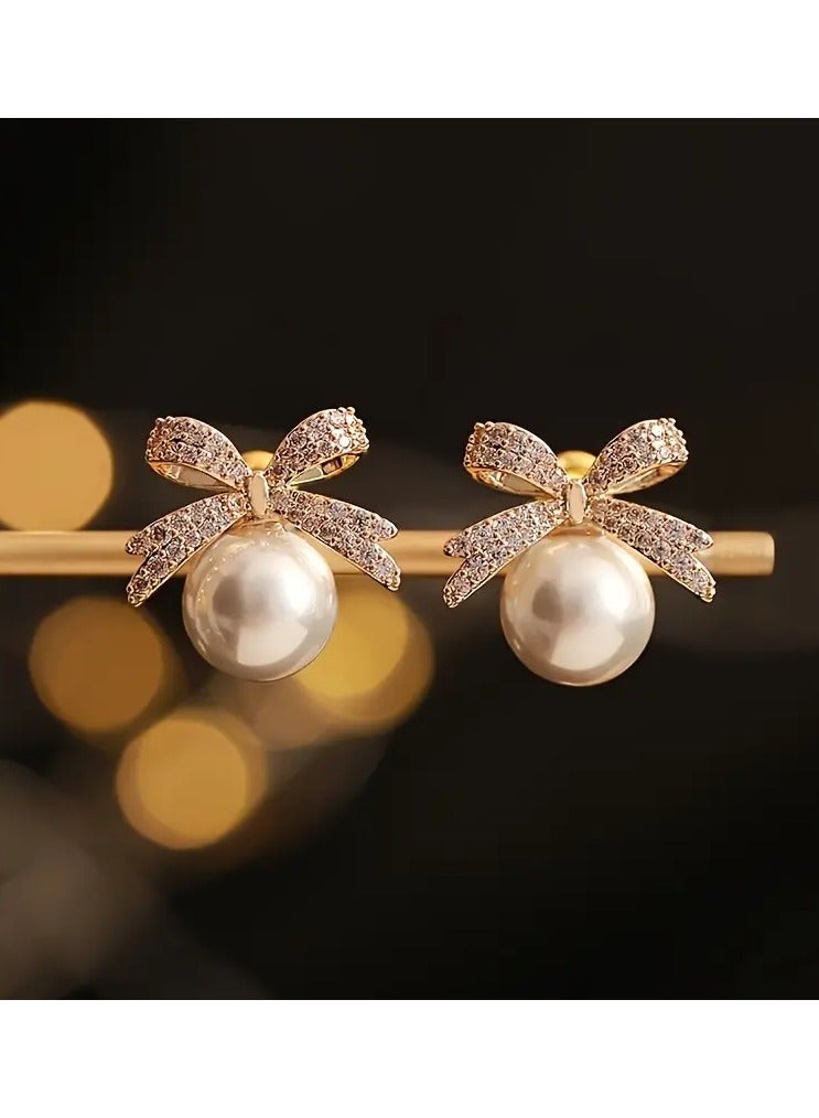 Home Clearance Sale Chic Vintage Style Bow And Faux Pearl Stud Earrings with Sparkling Rhinestones - Perfect for Parties And Festivals - Image 5