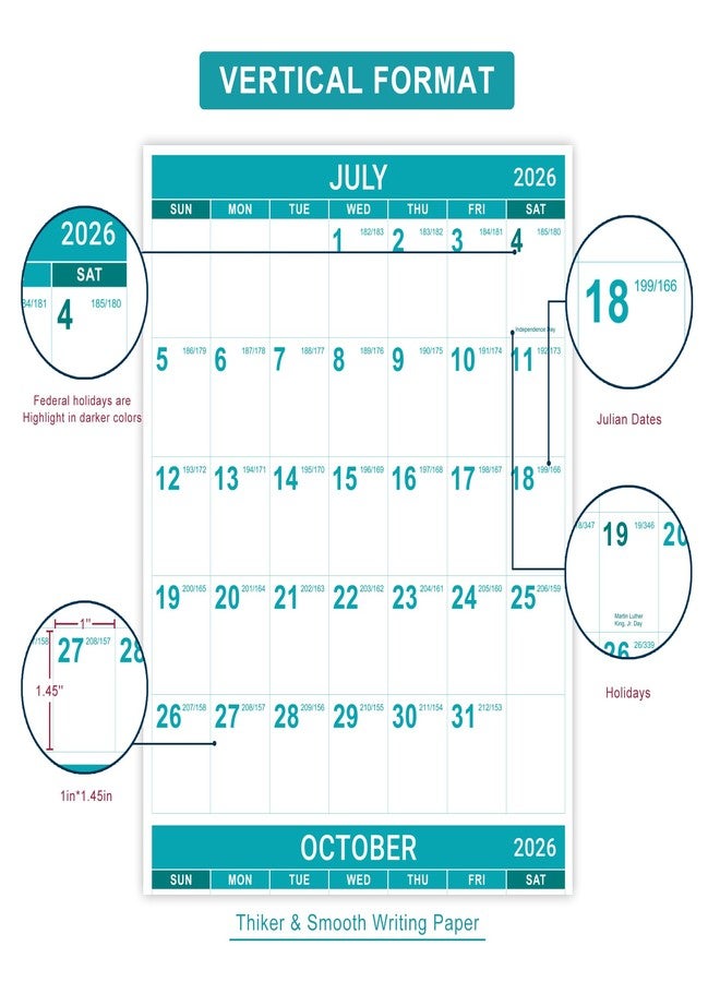 بولوما تقويم حائط 2026-2027 - تقويم حائط سنوي لعام 2026 مع التاريخ اليولياني، من يوليو 2026 إلى يونيو 2027، صفحة واحدة للتنظيم، ورق سميك فاخر، عمودي، جيب للهدايا، 34.8 بوصة × 22.8 بوصة (مفتوح) - Image 3