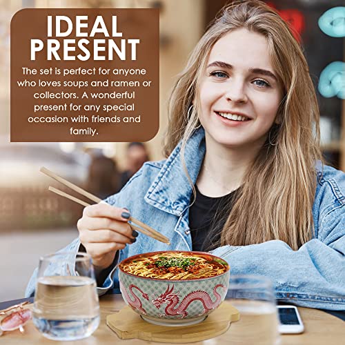 XWORLD Japanese Ceramic Ramen Noodle Bowls Set with Ceramic Spoon, Bamboo Chopsticks, Lid & Trivet, Serving Capacity of 33.8 OZ, Microwavable Oven Safety (3.3” x 6.6” D) (Red Dragon) - Image 4