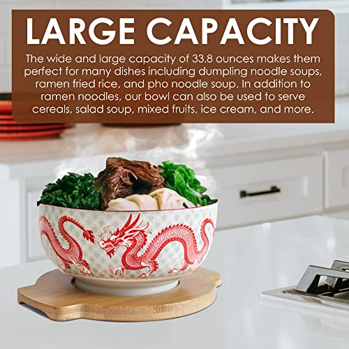 XWORLD Japanese Ceramic Ramen Noodle Bowls Set with Ceramic Spoon, Bamboo Chopsticks, Lid & Trivet, Serving Capacity of 33.8 OZ, Microwavable Oven Safety (3.3” x 6.6” D) (Red Dragon) - Image 5