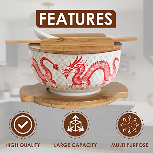 XWORLD Japanese Ceramic Ramen Noodle Bowls Set with Ceramic Spoon, Bamboo Chopsticks, Lid & Trivet, Serving Capacity of 33.8 OZ, Microwavable Oven Safety (3.3” x 6.6” D) (Red Dragon) - Image 2