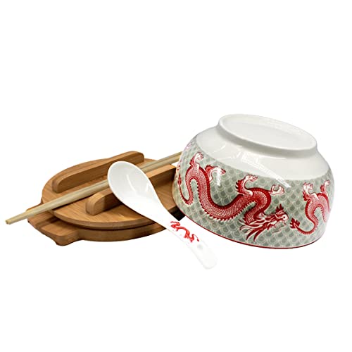 XWORLD Japanese Ceramic Ramen Noodle Bowls Set with Ceramic Spoon, Bamboo Chopsticks, Lid & Trivet, Serving Capacity of 33.8 OZ, Microwavable Oven Safety (3.3” x 6.6” D) (Red Dragon) - Image 3