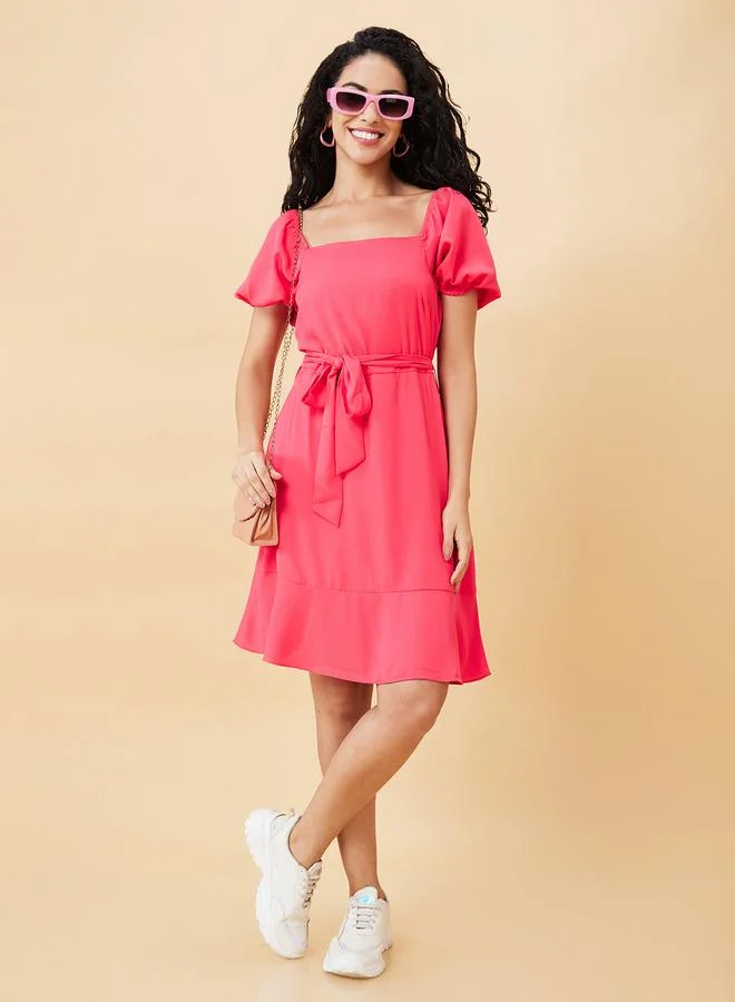 globus Globus Women Pink Solid Square Neck A-Line Knee-Length Dress