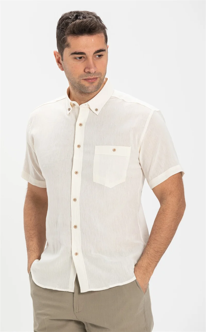 Eliş Şile Bezi Short Sleeve Slim Fit Şile Cloth Single Pocket Men's Shirt Cream 3002