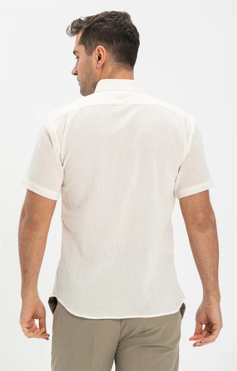 Eliş Şile Bezi Short Sleeve Slim Fit Şile Cloth Single Pocket Men's Shirt Cream 3002