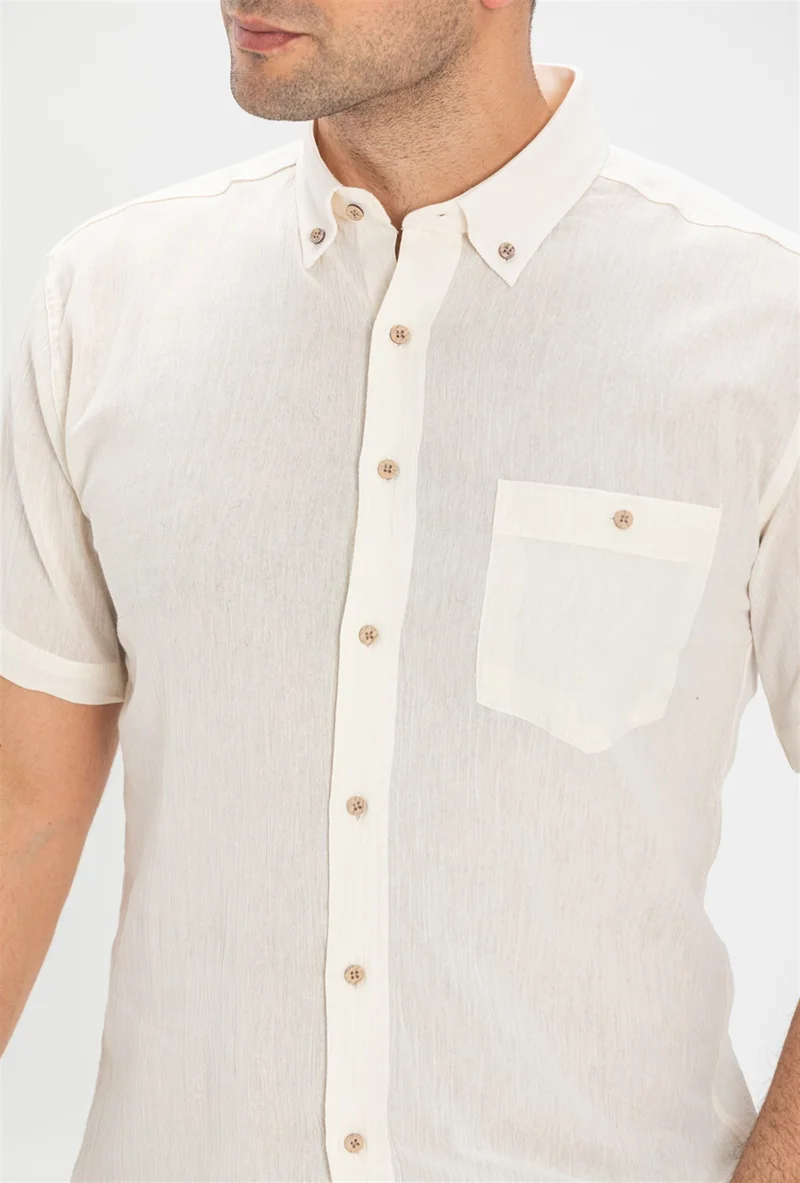 Eliş Şile Bezi Short Sleeve Slim Fit Şile Cloth Single Pocket Men's Shirt Cream 3002