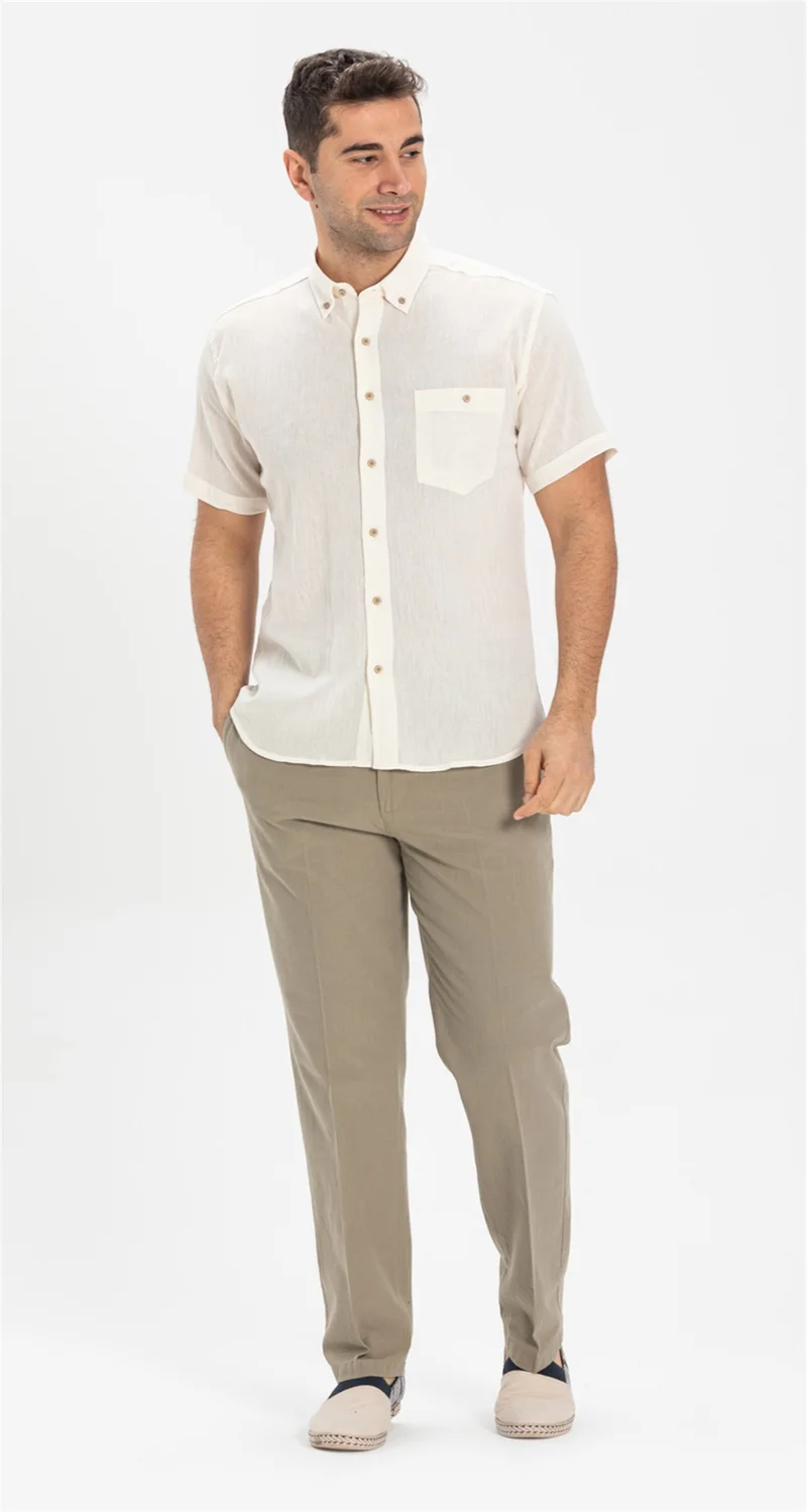 Eliş Şile Bezi Short Sleeve Slim Fit Şile Cloth Single Pocket Men's Shirt Cream 3002
