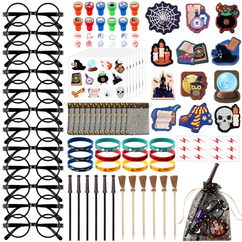 gisgfim 96Pcs Wizard Party Favors Bulk Birthday Decorations Gifts with Wand Pencils Mini Notebook Glasses Stamp Sticker Bracelet Gift Bag for Kids Wizard Magical Goodie Bag Stuffer Classroom Prize Supplies - Image 1