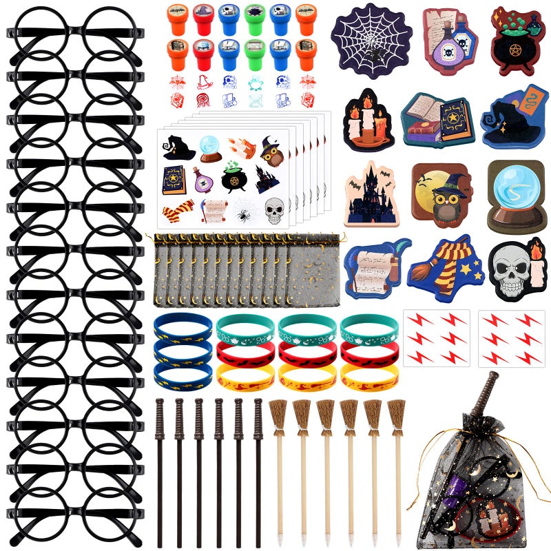 gisgfim 96Pcs Wizard Party Favors Bulk Birthday Decorations Gifts with Wand Pencils Mini Notebook Glasses Stamp Sticker Bracelet Gift Bag for Kids Wizard Magical Goodie Bag Stuffer Classroom Prize Supplies - Image 3