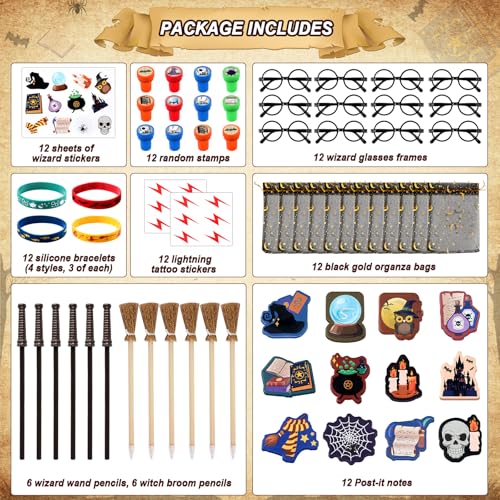 gisgfim 96Pcs Wizard Party Favors Bulk Birthday Decorations Gifts with Wand Pencils Mini Notebook Glasses Stamp Sticker Bracelet Gift Bag for Kids Wizard Magical Goodie Bag Stuffer Classroom Prize Supplies - Image 5