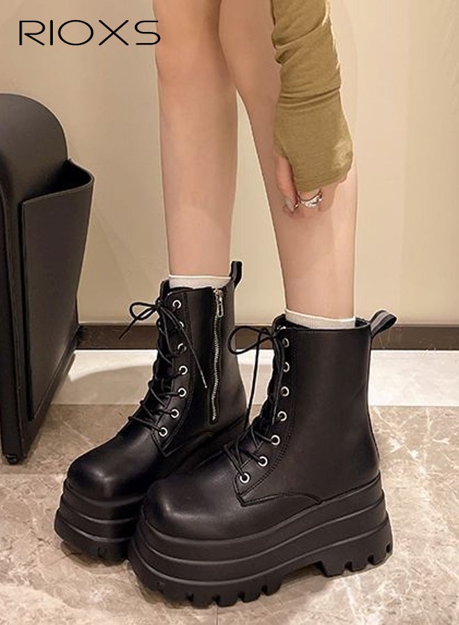 ريوكس أحذية نسائية بكعب عالٍ، حذاء قتالي أنيق من سلاتر للنساء، حذاء كوس بطرف مستدير وسحاب جانبي، حذاء كلاسيكي برباط للكاحل للسيدات، حذاء بكعب سميك ونعل خارجي، حذاء ركوب أسود بكعب عالٍ - Image 3