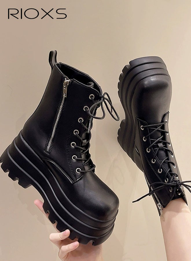 ريوكس أحذية نسائية بكعب عالٍ، حذاء قتالي أنيق من سلاتر للنساء، حذاء كوس بطرف مستدير وسحاب جانبي، حذاء كلاسيكي برباط للكاحل للسيدات، حذاء بكعب سميك ونعل خارجي، حذاء ركوب أسود بكعب عالٍ - Image 1