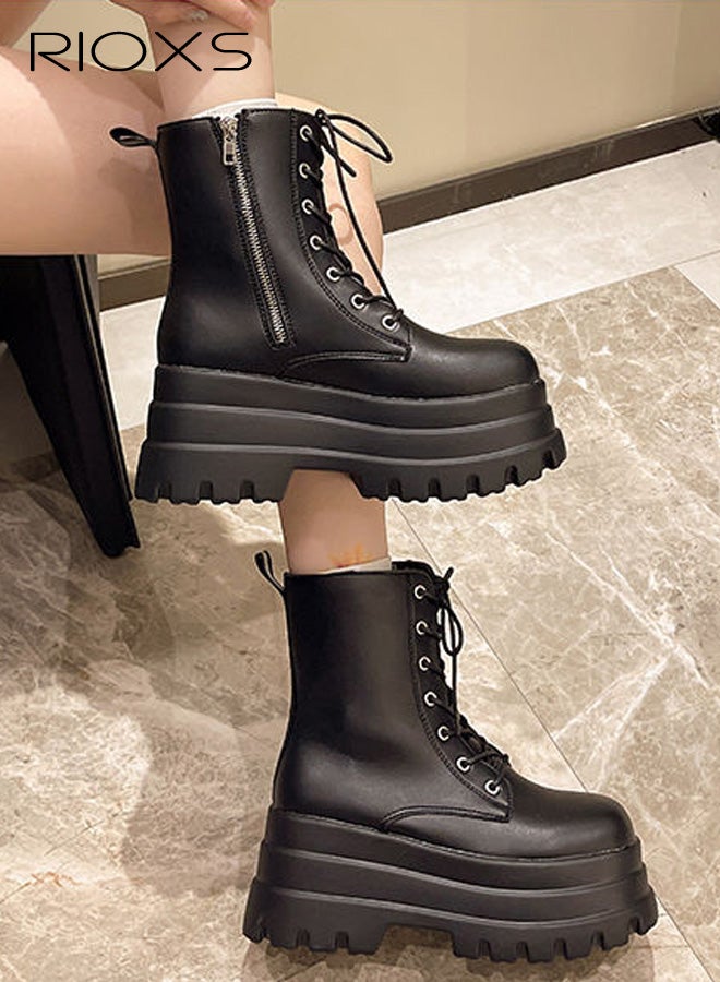 ريوكس أحذية نسائية بكعب عالٍ، حذاء قتالي أنيق من سلاتر للنساء، حذاء كوس بطرف مستدير وسحاب جانبي، حذاء كلاسيكي برباط للكاحل للسيدات، حذاء بكعب سميك ونعل خارجي، حذاء ركوب أسود بكعب عالٍ - Image 5