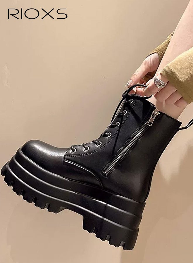 ريوكس أحذية نسائية بكعب عالٍ، حذاء قتالي أنيق من سلاتر للنساء، حذاء كوس بطرف مستدير وسحاب جانبي، حذاء كلاسيكي برباط للكاحل للسيدات، حذاء بكعب سميك ونعل خارجي، حذاء ركوب أسود بكعب عالٍ - Image 2