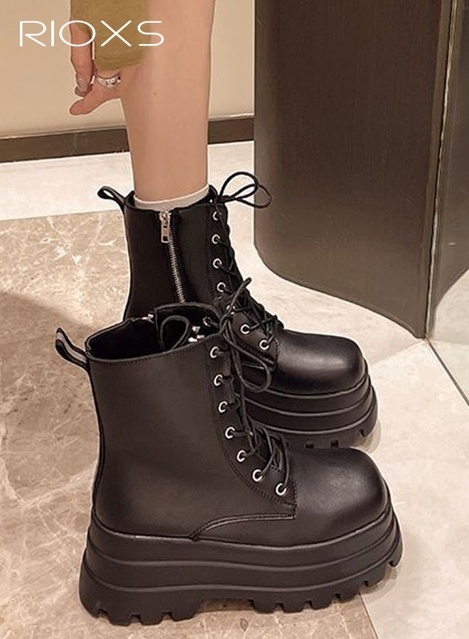 ريوكس أحذية نسائية بكعب عالٍ، حذاء قتالي أنيق من سلاتر للنساء، حذاء كوس بطرف مستدير وسحاب جانبي، حذاء كلاسيكي برباط للكاحل للسيدات، حذاء بكعب سميك ونعل خارجي، حذاء ركوب أسود بكعب عالٍ - Image 5