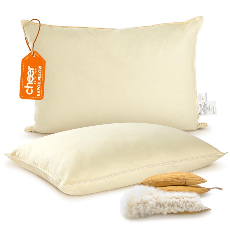Cheer Collection Set of 2 Organic Kapok Bed Pillows Natural Kapok Fiber Filled Sleeping Pillows with Breathable Cotton Shell King Size 20 x 36 inches