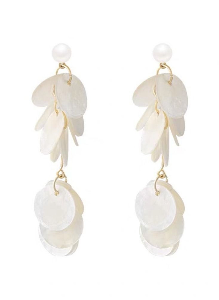 General Pure Silver Pin Resort Style Round Shell Long Tassel Earrings Designer Earrings  - Image 1