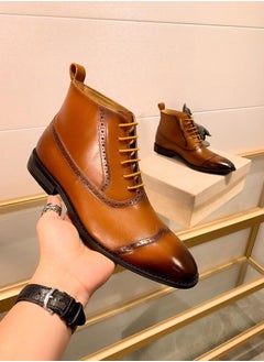 Men's Retro Fashion Shiny Pointed Toe Boots Low Heel Lace Up Casual And Comfortable Printed Short Boots Leather Shoes
